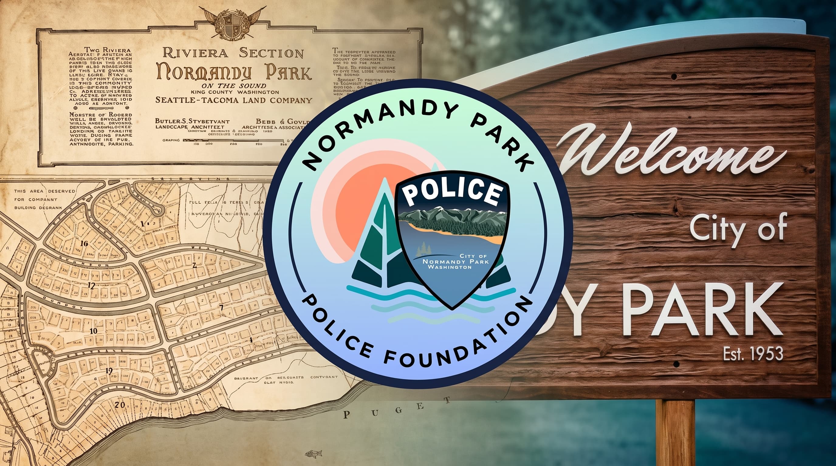 The Normandy Park Police Foundation seal over a historic plat map of Normandy Park and the City of Normandy Park welcome sign.